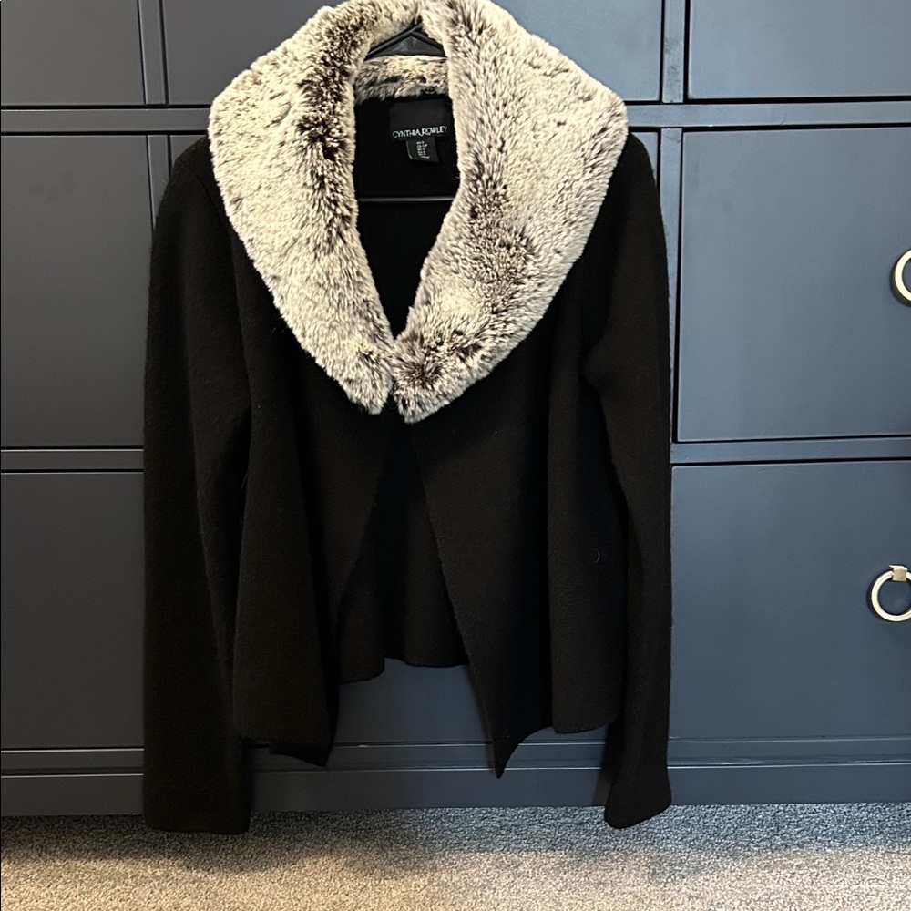 Cynthia Rowley Black Sweater top button closure with removable Faux Fur Trim.